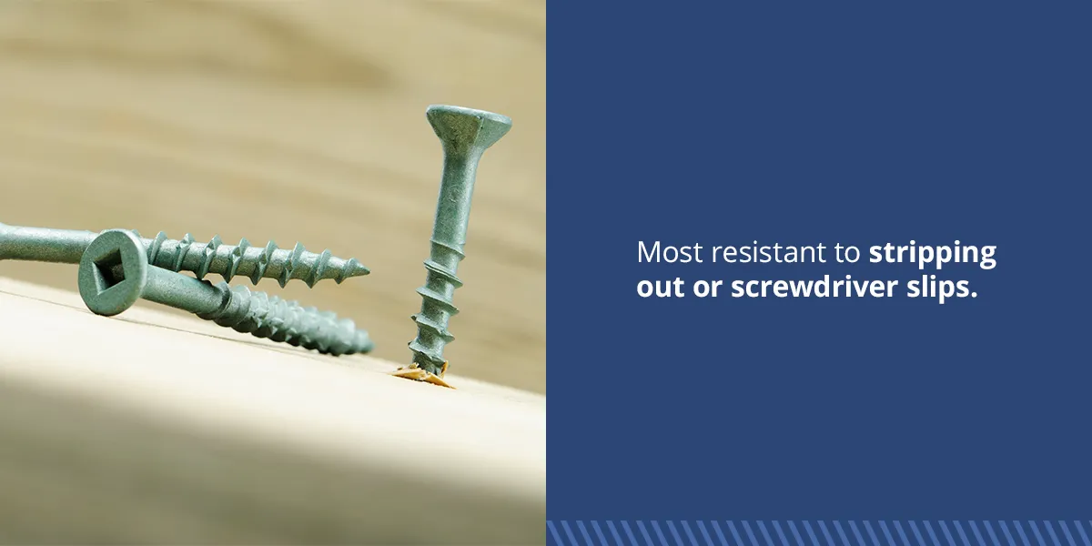 Square drive screws are most resistant to stripping out or screwdriver slips. 