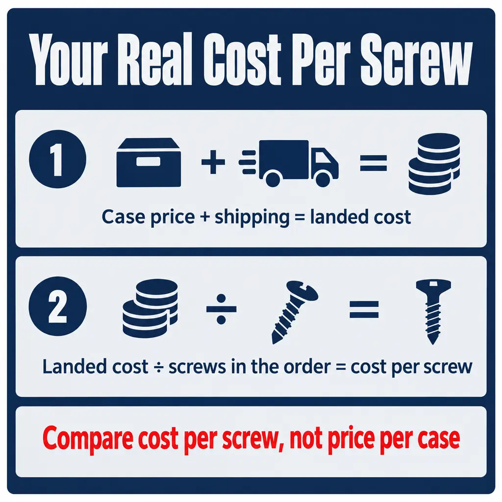 Case price plus shipping equals landed cost, and landed cost divided by the screws in the order equals your real cost per screw